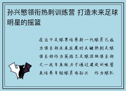 孙兴慜领衔热刺训练营 打造未来足球明星的摇篮